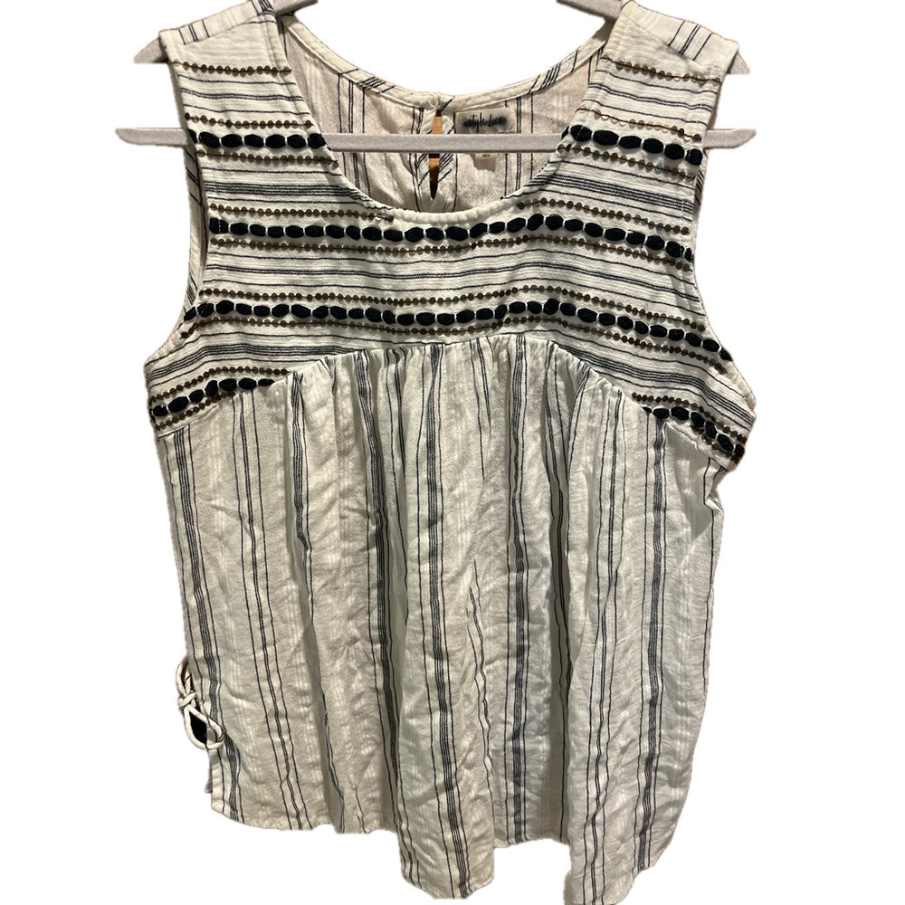 Style & Co. Cream and Black Striped Sleeveless Embroidered Top XL